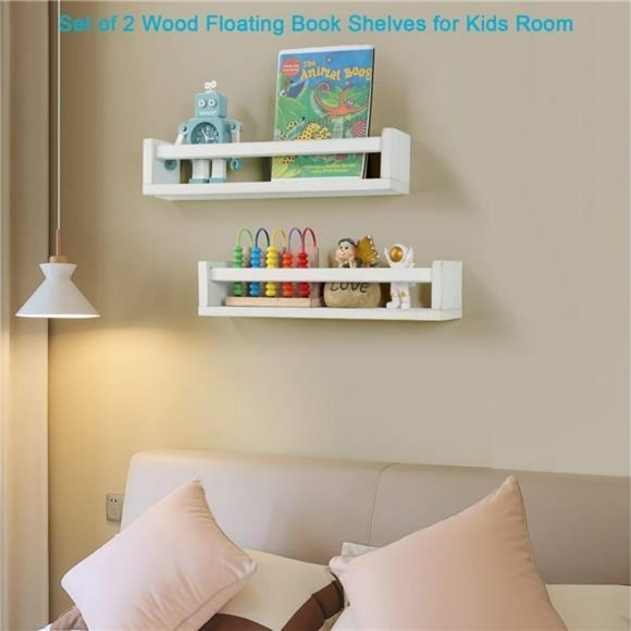 Nursery Book Shelves, Set of 2 Wood Floating Book Shelves for Kids, Rustic White - Picture 4 of 12